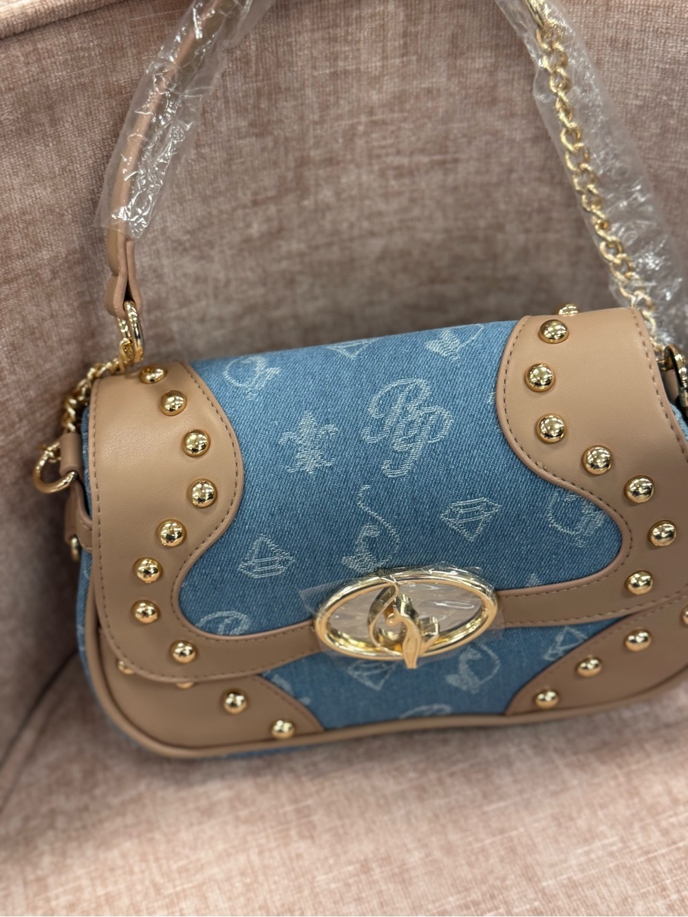 Baby Phat Denim & Tan Studded Shoulder Bag with Gold Turn-Lock